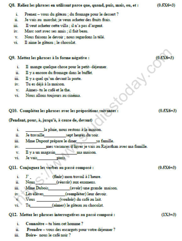 Cbse Class 8 French Question Paper Set E